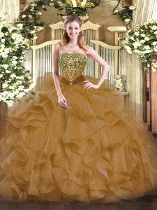 Fine Brown Strapless Neckline Beading and Ruffles Quinceanera Gowns Sleeveless Lace Up