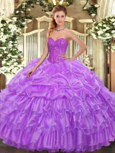 Lavender Organza Lace Up Sweetheart Sleeveless Floor Length Sweet 16 Dresses Beading and Ruffled Layers and Pick Ups