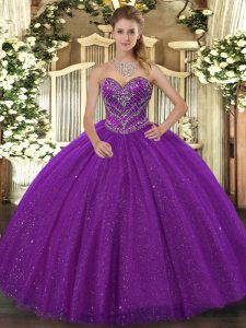 Suitable Ball Gowns Sweet 16 Dress Purple Sweetheart Tulle Sleeveless Floor Length Lace Up