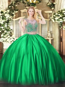 Fashionable Scoop Sleeveless Lace Up 15th Birthday Dress Green Satin