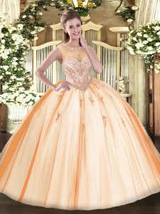 Chic Peach Ball Gowns Scoop Sleeveless Tulle Floor Length Zipper Beading and Appliques Ball Gown Prom Dress