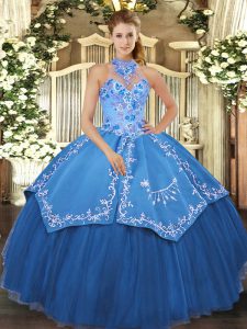 Chic Teal Halter Top Lace Up Beading and Embroidery Vestidos de Quinceanera Sleeveless