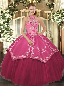 Coral Red Satin and Tulle Lace Up Halter Top Sleeveless Floor Length Sweet 16 Dresses Beading and Embroidery