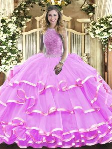 Superior Sleeveless Organza Floor Length Lace Up Ball Gown Prom Dress in Lilac with Beading and Ruffled Layers