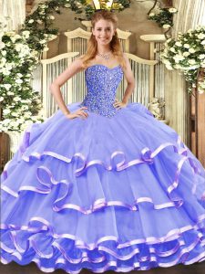 Floor Length Lace Up 15th Birthday Dress Lavender for Military Ball and Sweet 16 and Quinceanera with Beading and Ruffled Layers