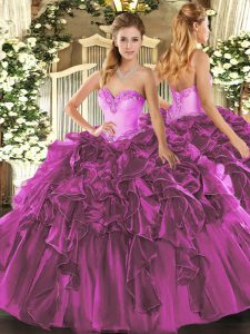 Customized Organza Sweetheart Sleeveless Lace Up Beading and Ruffles Ball Gown Prom Dress in Fuchsia