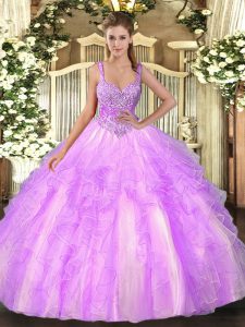 Fitting Floor Length Lilac 15th Birthday Dress Straps Sleeveless Lace Up