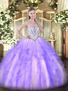 Dramatic Lavender Ball Gowns Scoop Sleeveless Tulle Floor Length Zipper Beading and Ruffles Quinceanera Gown