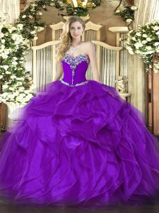 Fashion Purple Ball Gowns Beading and Ruffles Sweet 16 Dress Lace Up Organza Sleeveless Floor Length