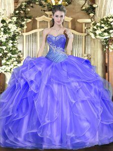 Classical Blue Ball Gowns Organza Sweetheart Sleeveless Beading and Ruffles Floor Length Lace Up 15 Quinceanera Dress
