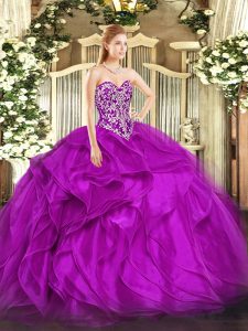 Stylish Sleeveless Organza Floor Length Lace Up Sweet 16 Dress in Fuchsia with Beading and Ruffles