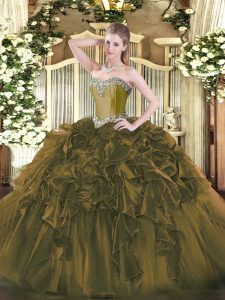 Beautiful Organza Sweetheart Sleeveless Lace Up Beading and Ruffles Sweet 16 Dresses in Olive Green