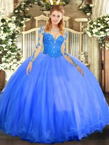 Glorious Scoop Long Sleeves Lace Up Quince Ball Gowns Blue Tulle