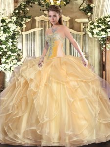 Sleeveless Organza Floor Length Lace Up Sweet 16 Dresses in Champagne with Beading and Ruffles