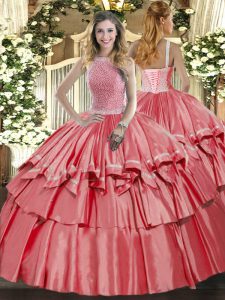 Coral Red Ball Gowns Beading and Ruffled Layers Quinceanera Gown Lace Up Organza and Taffeta Sleeveless Floor Length