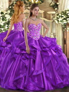 Stylish Eggplant Purple Sweetheart Lace Up Embroidery and Ruffles 15 Quinceanera Dress Sleeveless