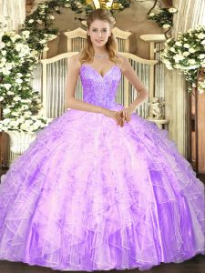 Lilac Tulle Lace Up V-neck Sleeveless Floor Length Sweet 16 Dress Beading and Ruffles