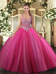 Extravagant Sleeveless Floor Length Beading Lace Up Vestidos de Quinceanera with Hot Pink