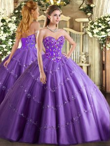 Lavender Sleeveless Tulle Lace Up Quinceanera Gown for Military Ball and Sweet 16 and Quinceanera