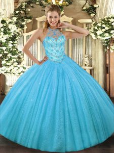 Aqua Blue Lace Up Halter Top Beading and Embroidery Sweet 16 Quinceanera Dress Tulle Sleeveless