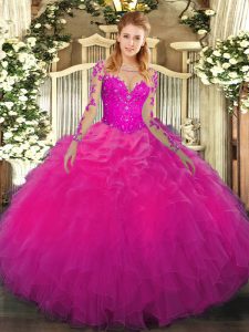 Lovely Organza Scoop Long Sleeves Lace Up Lace and Ruffles Quinceanera Dresses in Fuchsia