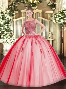 Delicate Tulle Scoop Sleeveless Lace Up Beading and Appliques 15 Quinceanera Dress in Coral Red