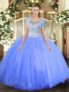 Glittering Blue Clasp Handle Quinceanera Gown Beading Sleeveless Floor Length