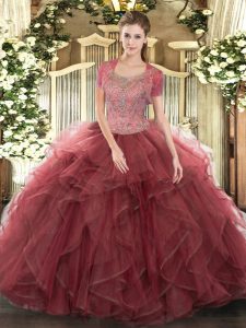 Superior Floor Length Clasp Handle Quinceanera Dress Burgundy for Military Ball and Sweet 16 and Quinceanera with Beading and Ruffled Layers