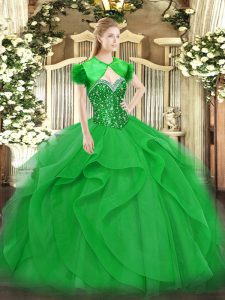 Sweet Green Ball Gowns Tulle Sweetheart Sleeveless Beading and Ruffles Floor Length Lace Up Vestidos de Quinceanera
