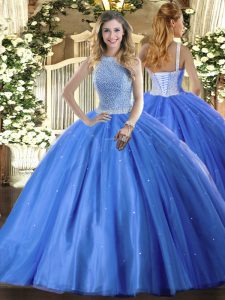 Eye-catching High-neck Sleeveless Tulle Quinceanera Dresses Beading Lace Up