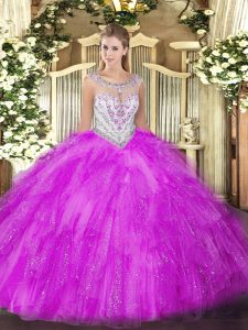 New Arrival Scoop Sleeveless Tulle Quinceanera Gown Beading and Ruffles Zipper