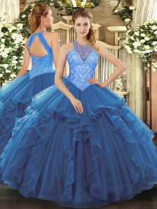 High-neck Sleeveless Lace Up Ball Gown Prom Dress Blue Organza
