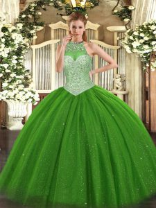 Graceful Halter Top Sleeveless Tulle Quinceanera Gowns Beading Lace Up