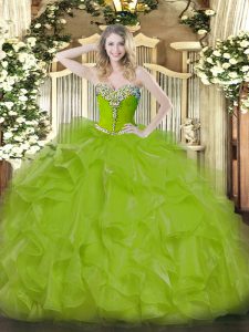 Best Selling Organza Sweetheart Sleeveless Lace Up Beading and Ruffles Sweet 16 Dresses in Olive Green