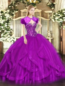Edgy Floor Length Fuchsia Quince Ball Gowns Tulle Sleeveless Beading and Ruffles