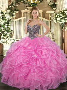 Comfortable Organza Sweetheart Sleeveless Lace Up Beading and Ruffles Sweet 16 Quinceanera Dress in Rose Pink