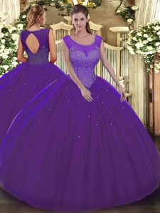 Purple Sleeveless Tulle Backless 15th Birthday Dress for Military Ball and Sweet 16 and Quinceanera