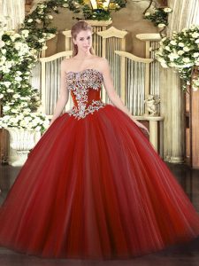 Unique Wine Red Sleeveless Floor Length Beading Lace Up Sweet 16 Quinceanera Dress