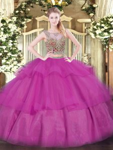Scoop Sleeveless Quinceanera Dresses Floor Length Beading and Ruffled Layers Fuchsia Tulle