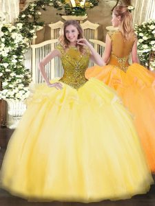 Floor Length Zipper 15th Birthday Dress Gold for Sweet 16 and Quinceanera with Beading and Appliques