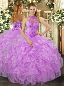 Fashion Lavender Organza Lace Up Halter Top Sleeveless Floor Length 15 Quinceanera Dress Beading and Ruffles