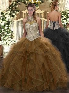 Beauteous Sleeveless Floor Length Beading and Ruffles Lace Up Quinceanera Dress with Brown