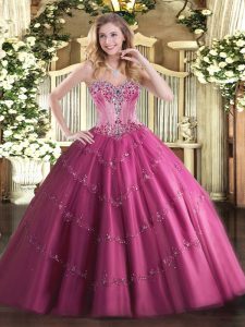 Simple Tulle Sweetheart Sleeveless Lace Up Beading Quinceanera Dress in Fuchsia