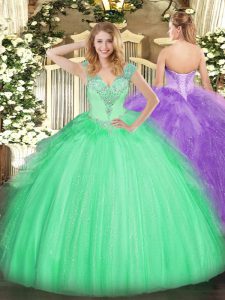 Shining Floor Length Ball Gowns Sleeveless Apple Green Sweet 16 Dress Lace Up