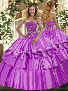 Lilac Strapless Neckline Beading and Ruffled Layers Sweet 16 Dress Sleeveless Lace Up