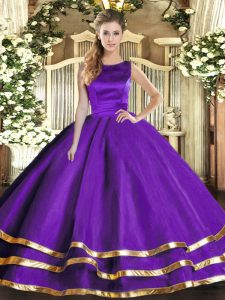 Ball Gowns Quinceanera Dress Purple Scoop Tulle Sleeveless Floor Length Lace Up
