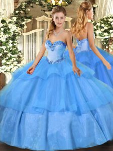 Dazzling Baby Blue Tulle Lace Up Sweetheart Sleeveless Floor Length Quinceanera Gowns Beading and Ruffled Layers