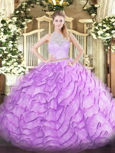 Brush Train Two Pieces Sweet 16 Quinceanera Dress Lilac Scoop Tulle Sleeveless Zipper