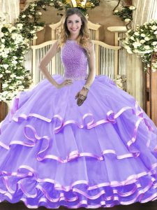 Nice Floor Length Lace Up 15th Birthday Dress Lavender for Military Ball and Sweet 16 and Quinceanera with Beading and Ruffled Layers