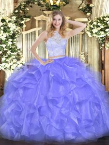 Lavender Organza Zipper Scoop Sleeveless Floor Length 15th Birthday Dress Lace and Ruffles